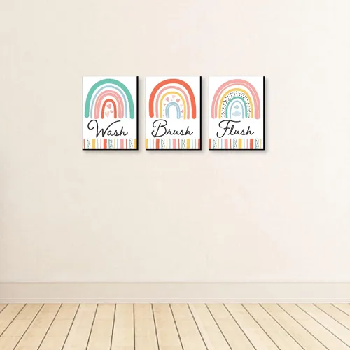Vista 3 de Big Dot of Happiness Hello Rainbow - Arte de pared bohemio con reglas de baño para niños, 7.5 x 10 pulgadas, juego de 3 letreros, lavado, cepillo