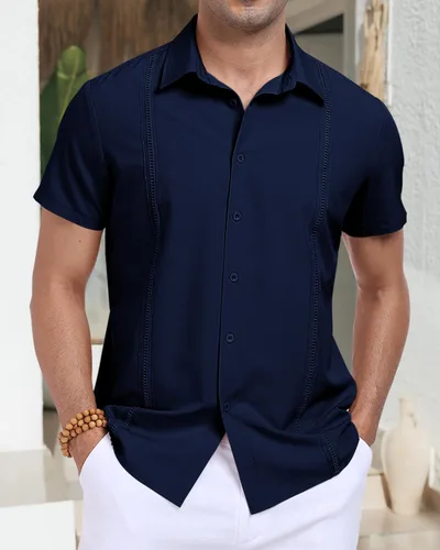 Vista 7 de Camisa de campamento cubano de manga corta para hombre, casual, verano, playa, con botones, guayabera