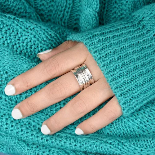 Vista 5 de Boho-Magic Anillo giratorio de plata de ley 925 para mujer, 3 anillos antiansiedad, banda ancha martillada