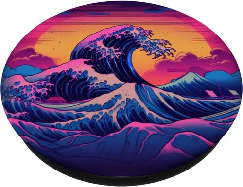 Vista 2 de Synthwave - PopSockets de arte japonés con gran ola de Kanagawa PopSockets intercambiables