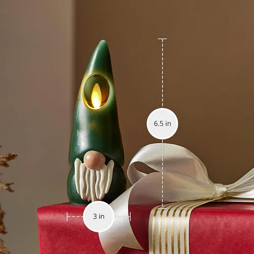 Vista 6 de Luminara Vela LED sin llama con figuras de gnomo, color verde, 2.2 x 6 pulgadas, funciona con pilas, decoración de Navidad e invierno, cera real