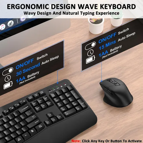 Vista 6 de Combo de teclado y mouse inalámbricos, teclas de onda ergonómica 2.4G (negro) Full Size Wave Keyboard with Wrist Rest, 3-Level DPI Adjustable