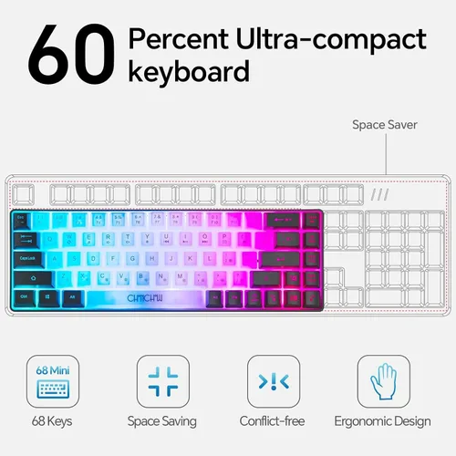 Vista 2 de CHONCHOW Teclado mini RGB 60% para juegos, 68 teclas, pequeño y compacto USB, con cable, arco iris, retroiluminado, teclado para juegos para Xbox