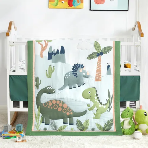 Vista 16 de Juego de ropa de cama para cuna de dinosaurio para niños, color azul, juego de ropa de cama de 3 piezas de alta calidad, juego de cuna de guardería