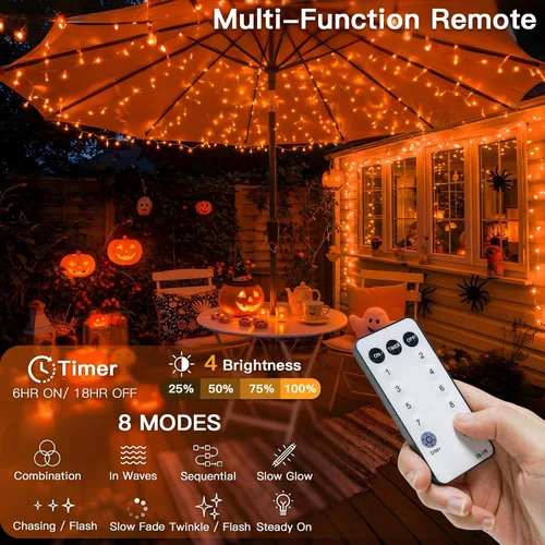 Vista 2 de suddus - Guirnalda 100 luces led conectable, control remoto, enchufe, impermeable, regulable, cable transparente, exterior, otoño, Halloween, Acción
