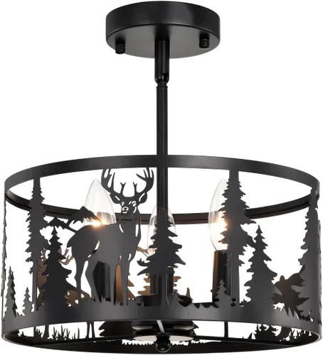 Vista 12 de Lámpara de techo semiempotrada, lámpara de techo rústica de metal de pergamino blanco con diseño de mariposa, candelabros negros industriales de 3