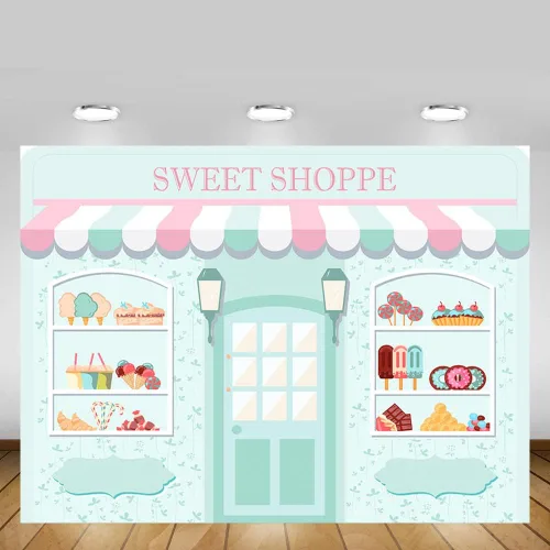 Vista 6 de MEHOFOND Telón de fondo Sweet Shoppe de 5 x 3 pies para niña, fondo de fotografía de cumpleaños, pancarta de fiesta para niños, baby shower, dona