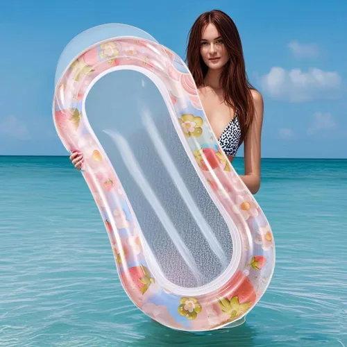 Vista 4 de Tumbona inflable para piscina con malla, hamaca de natación para adultos, diseño transparente de sandía/fresas, reposacabezas integrado, relleno