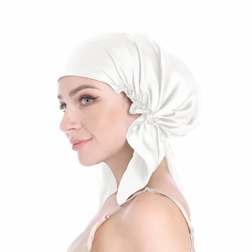 Vista 14 de SissiLita Gorro de seda 100% para dormir, gorro de seda grande con banda de amarre para el cuidado del cabello rizado (azul)