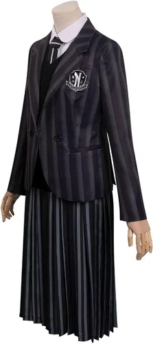 Vista 2 de Loesoul Kids Wednesday Dress Addams Cosplay Costume Wednesday Addams Uniform Dress Shirt Coat Outfit Halloween Suit