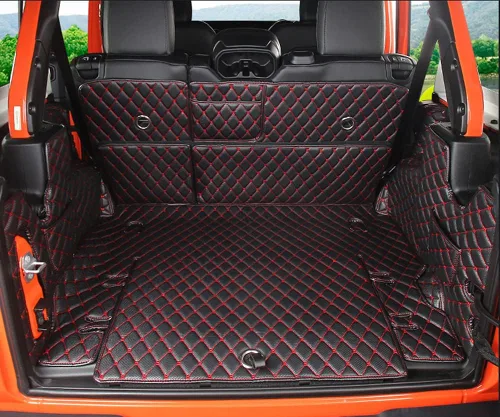 Vista 9 de Alfombrilla para maletero, alfombrilla de respaldo+panel de ambos lados para Jeep Wrangler Rubicon 2018-2021-Actual (4dr con subwoofer) XPE Leather
