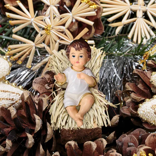 Vista 3 de Toyvian Figura de bebé Jesús, figura de resina de bebé Jesús en tela sagrada, estatua coleccionable de la natividad y fe santa