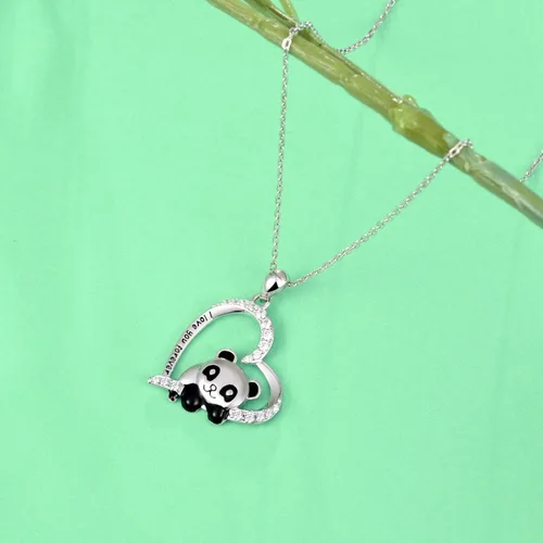 Vista 3 de ACJNA 925 Sterling Silver Panda Bear Necklace Bamboo Heart Pendant Engraved I love You Forever Women Jewelry