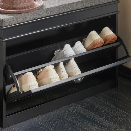 Vista 6 de SoBuy pequeño banco de almacenamiento de zapatos, zapatero negro estrecho para entrada, estante para zapatos con cojín y 2 niveles de cajón