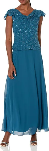 Vista 6 de J Kara Vestido largo de manga con volantes y cuello redondo y cuentas para mujer Champán Multi