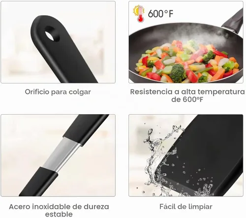 Vista 2 de Juego de 2 espátulas para servir de silicona, espátula ranurada resistente al calor, para cocinar en la cocina. (negro)