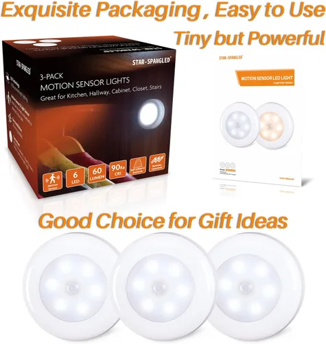 Vista 6 de STAR-SPANGLED Paquete de 3 luces con sensor de movimiento de 2.8 pulgadas para interiores, funciona con pilas AAA, luz LED para pegar en escaleras