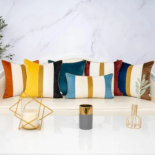 Vista 7 de Funda de Almohada Decorativa de Retazos Azul Marino de Terciopelo a Rayas Funda de Cojín Moderna Neutra para Sofá Sillón Dormitorio Sala de Estar