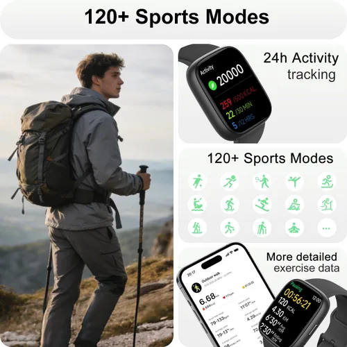 Vista 5 de Reloj inteligente con Alexa y llamadas Bluetooth, pantalla táctil HD de 1.83 pulgadas, reloj de fitness con monitor de frecuencia cardíaca/sueño, 30