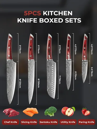 Vista 3 de FOHERE Juego de cuchillos de chef, 5 cuchillos de cocina ultra afilados con mango ergonómico de madera de Pakka roja, juego de cuchillos