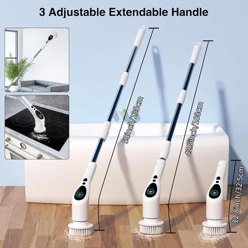 Vista 4 de Depurador eléctrico giratorio, limpiador eléctrico inalámbrico para bañera y azulejos con transmisión de voz de 3 velocidades 9 cabezales limpios