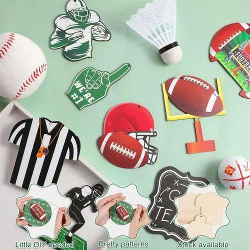 Vista 7 de Yulejo 24 adornos colgantes de madera de fútbol para árbol de Navidad, adorno de madera recortado de fútbol, decoración de manualidades, recuerdos