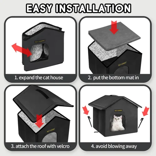 Vista 7 de Rest-Eazzzy Casa para gatos al aire libre, resistente a la intemperie y aislada, con alfombrilla y toldo, fácil de poner, refugio para gatos