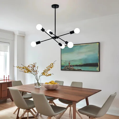 Vista 4 de Candelabros Sputnik - Moderna lámpara de techo Sputnik de 6 luces para sala de estar - Lámpara Sputnik industrial negra para comedor, dormitorio
