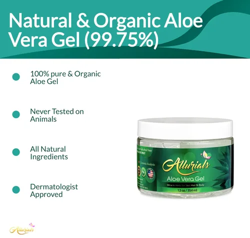 Vista 2 de Allurials Gel de aloe vera 99.75% puro y orgánico, fabricado en Estados Unidos, clínicamente probado y aprobado por dermatólogos, hidrata y cura