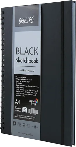 Vista 3 de Brustro Artist's Black Sketchbook A4, 200GSM, 80 páginas, espiral, encuadernado con alambre, ideal para lápices de colores, bolígrafos de gel