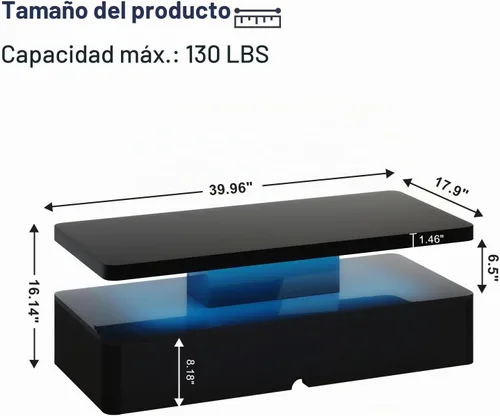 Vista 2 de MXV Mesa de centro moderna de 40 pulgadas con 16 luces LED de colores, mesa auxiliar rectangular de 2 niveles con almacenamiento, mesa central