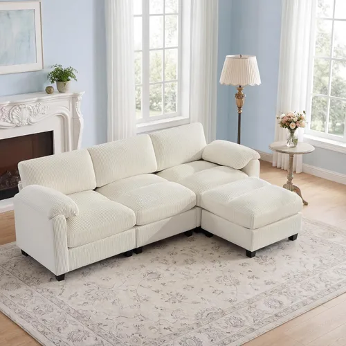 Vista 42 de Sofá modular de 61 pulgadas con otomana, asiento extra profundo para sala de estar, sofá de asiento profundo de pana con almohadas para Beige