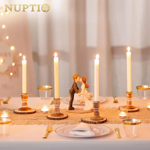 Vista 5 de NUPTIO - Sostenedores de velas cónicas de madera: juego de 2 candelabros de madera rústica marrón - Candelabros vintage pequeños de granja