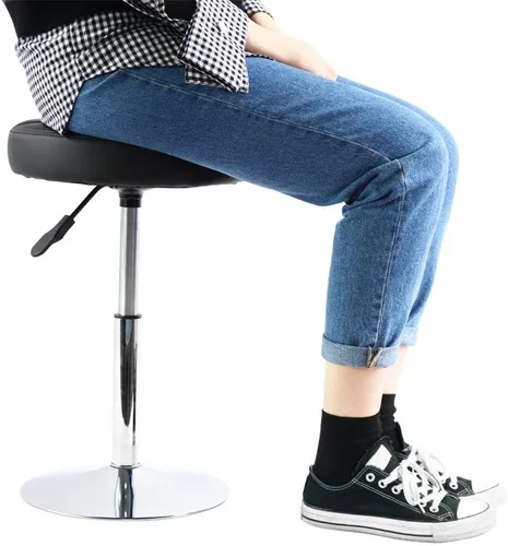 Vista 7 de FURWOO Taburete corto redondo de piel sintética – Taburete acolchado para salón, spa, manicura y tocador - pequeño negro