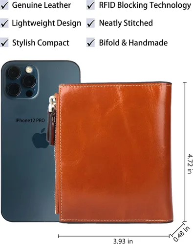 Vista 4 de AINIMOER - Cartera de piel con bloqueo RFID para mujer, tamaño pequeño, compacta, doble zíper, con ventana para identificación