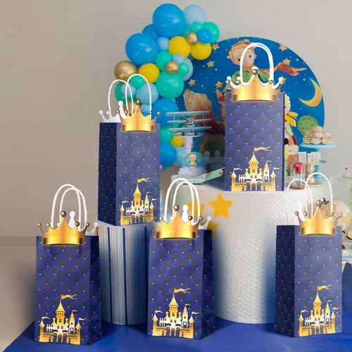 Vista 6 de Sabary Paquete de 16 bolsas de regalos de fiesta de príncipe, bolsas de regalo de corona con purpurina de príncipe con asas, papel kraft para regalo