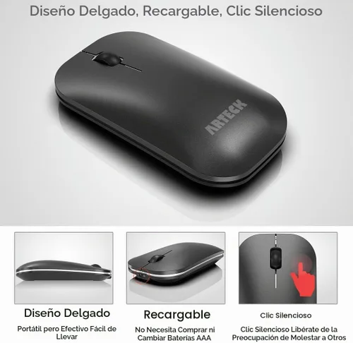 Vista 3 de Arteck Combo de teclado y mouse Bluetooth ultra compacto, delgado de acero inoxidable, tamaño completo y ratones ergonómicos