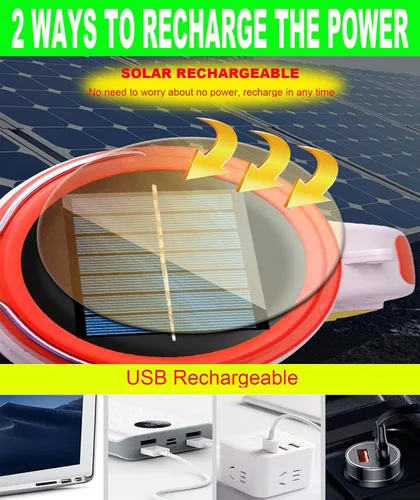 Vista 5 de SUYOOULIN Linterna LED recargable solar, súper brillante, 10000 lm, reflector LED de mano, linterna de campamento, luz de trabajo, 5 modos de luz