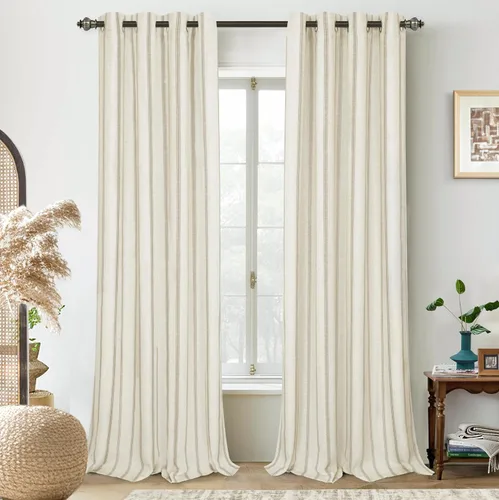 Vista 47 de DriftAway Cortinas opacas de mezcla de lino de granja de 90 pulgadas de largo para dormitorio, cortinas de lino con estampado de rayas verticales