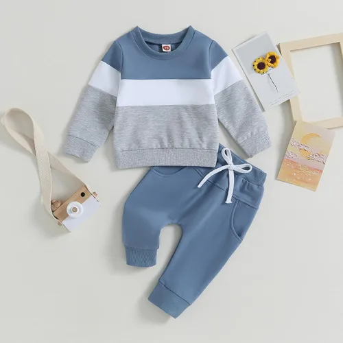 Vista 2 de Fumilery Conjunto de 2 piezas de sudadera de manga larga con bloques de color y pantalones con cordón para bebé