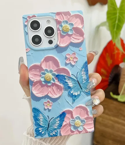 Vista 3 de Compatible con iPhone 13 Pro Max de lujo, borde rectangular, pintura al óleo retro, diseño de flores de mariposa, duradero, resistente a los golpes