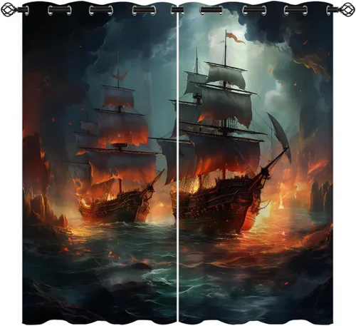 Vista 12 de Cortinas opacas de pulpo náutico para niñas y niños, decoración del hogar, con ojales de animales piratas del océano Kraken, cortinas