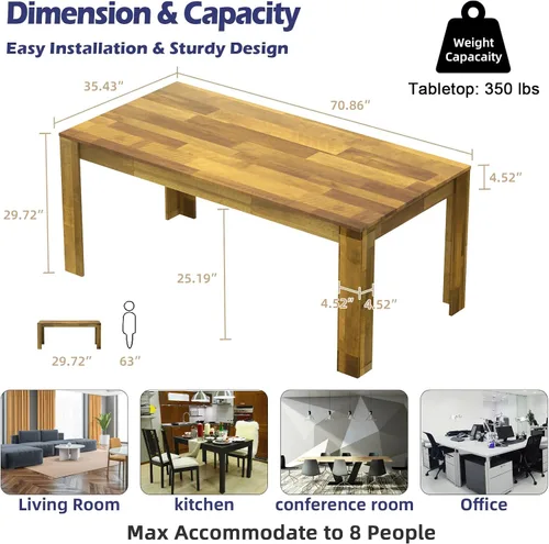 Vista 10 de 71" Kitchen Dining Table for 6-8, Farmhouse Wood Rectangular Dinner Table