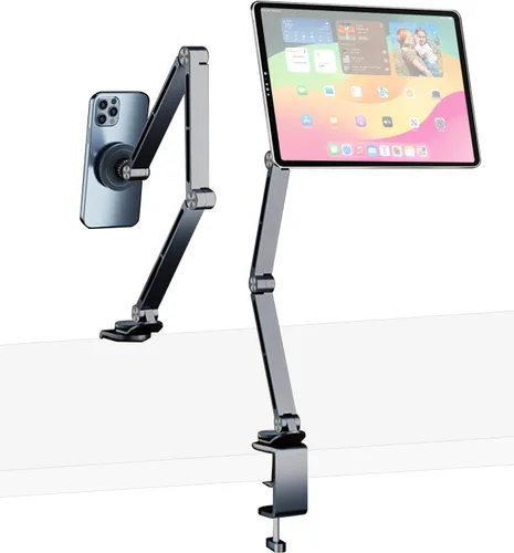 Vista 10 de Soporte para iPad para escritorio de aleación de aluminio, soporte plegable para tableta, soporte para brazo superior, compatible con teléfono