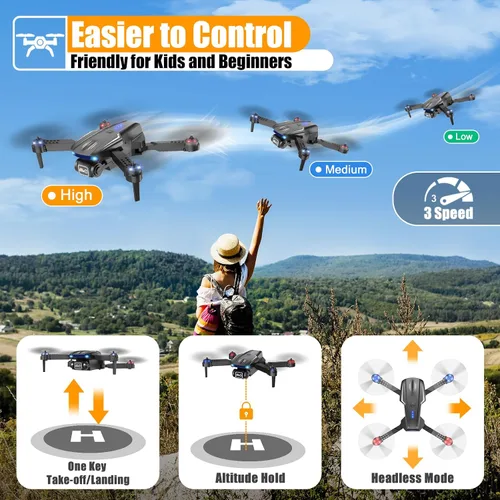 Vista 5 de X-shop Drone con cámara 1080P para niños y adultos, cuadricóptero RC plegable con despegue/aterrizaje con una tecla, selfie por gesto, volteretas