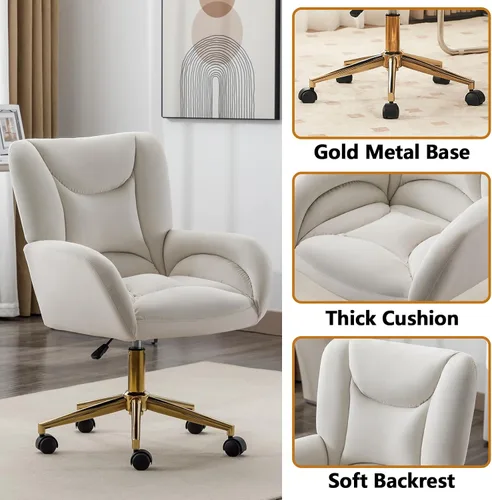 Vista 4 de Bonita silla de tocador con respaldo para dormitorio, silla de oficina de terciopelo blanco, cómoda para oficina, altura ajustable, giratoria de 360