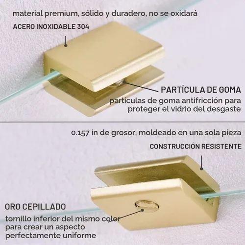 Vista 4 de 2 soportes ajustables de acero inoxidable 304 para estante con abrazadera de vidrio de 0.23 a 0.35 pulgadas, acabado dorado cepillado resistente Oro