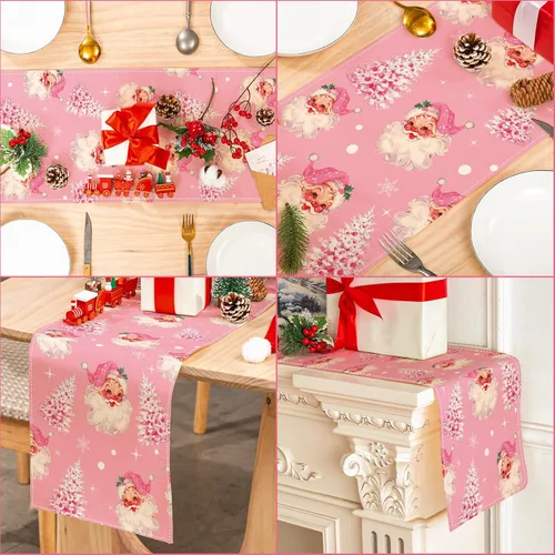 Vista 5 de AnyDesign - Camino de mesa de Navidad rosa para árbol de Navidad, Papá Noel, rectangular, decorativo, camino de mesa para decoración