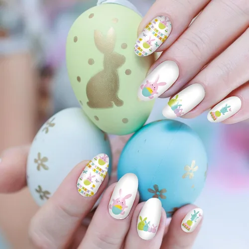 Vista 3 de winthrop 12 hojas de calcomanías de Pascua para uñas, tiras completas de esmalte de uñas, calcomanías autoadhesivas para arte de uñas, lindos huevos