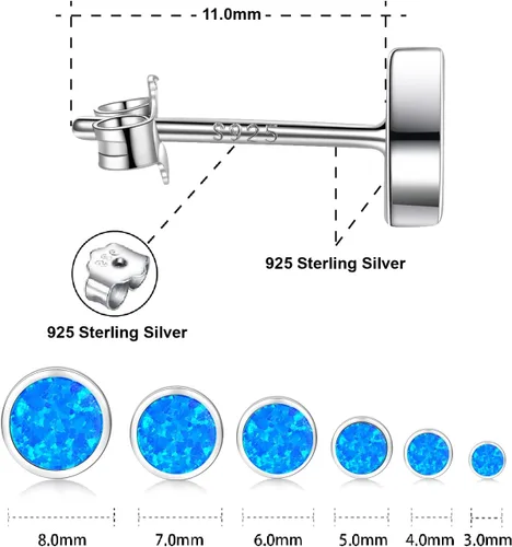 Vista 2 de White Gold Plated Sterling Silver Opal Stud Earrings 3mm-8mm Options, Simulated Opal Dot Studs Hypoallergenic Jewelry
